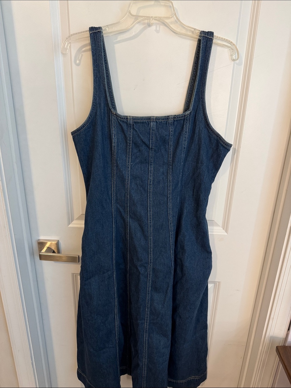 Blue Denim Midi Dress - Sleeveless Square Neck